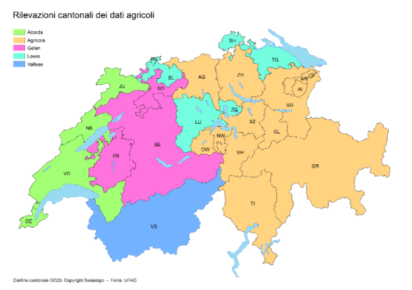 Il sistema cantonale Acorda comprende i Cantoni Ginevra, Giura, Neuchâtel e Vaud. Il sistema cantonale Agricola comprende i Cantoni Argovia, Appenzello Esterno, Appenzello Interno, Grigioni, Nidwaldo, Obwaldo,  San Gallo, Ticiono e Zurigo. Il sistema cantonale Lawis comprende i Cantoni Basilea-Campagna, Basilea-Città, Lucerna, Sciaffusa, Turgovia e Zugo. Il Canton Vallese dispone di un sistema proprio.